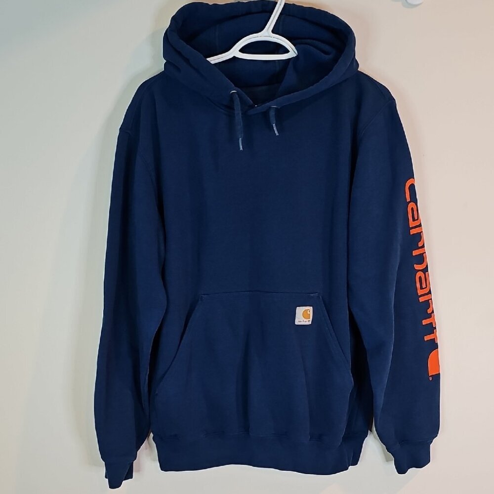 Carhartt Men's Deep Blue Hoodie with Vibrant Orange Sleeve Logo
